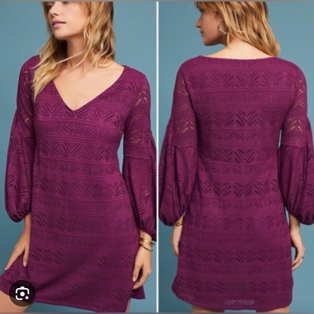 Anthropologie Maeve Laila Purple Lace Balloon Sleeve Boho Mini Dress Sz M